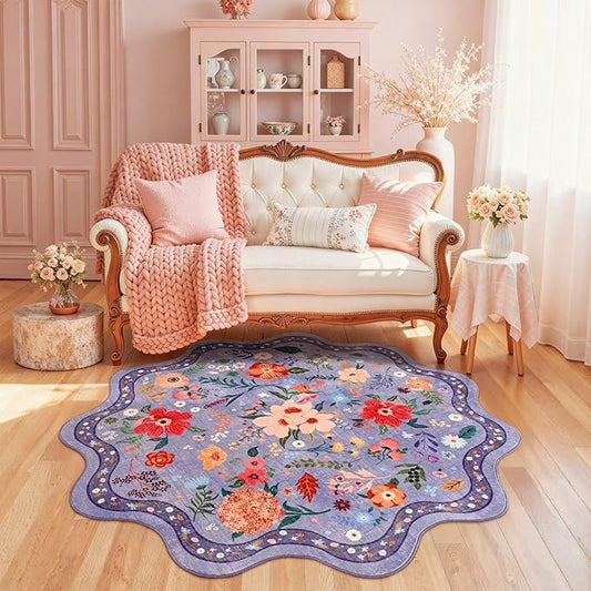 Macgace Purple Round Rug for Girls Bedroom, 4ft Machine Washable Floral Area Rugs with Non Slip Backing, Cute Flower Carpet Kitchen Living Room Kids Playroom Decor