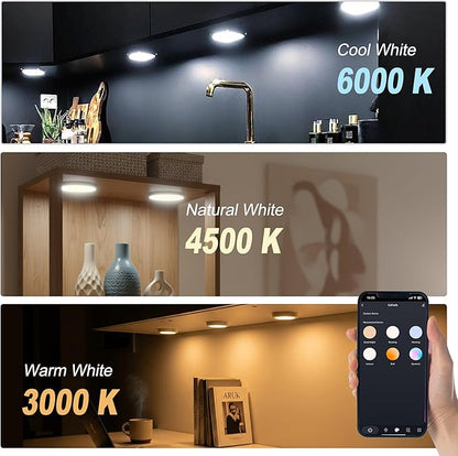 Cefrank Smart Puck Lights 6 Pack - [2700K-6000K Dimmable] WiFi Under Cabinet Lighting Kit, No Hub Alexa & Google Assistant Controlled, Easy Stick on Lights for Kitchen, Pantry, Closet & Safe