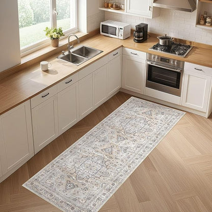 Runner Rug Kitchen Washable Rugs: 3x8 Non-Slip Boho Soft Vintage Stain Resistant Indoor Floor Neutral Farmhouse Throw Carpet for Hallway Bathroom Laundry Room Entryway Bedroom- Ivory Gray