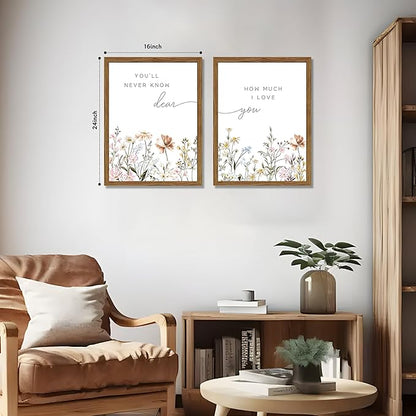 Wood Framed Wildflower Nursery Wall Art Set of 2, Boho Flower Botanical Wall Decor Paintings, Baby Girl Nurseries Pictures Posters Prints for Nursery Baby Room Bedroom Home Decoration 16x24 Inch