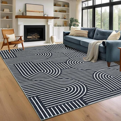 ROYHOME Washable Rug 9x12 Area Rugs for Living Room, Abstract Rug for Bedroom, Soft Rainbow Non Slip Throw Rugs with Rubber Back, Low Pile Stain Resistant Boho Geometric Carpet for Dining Room, Blue