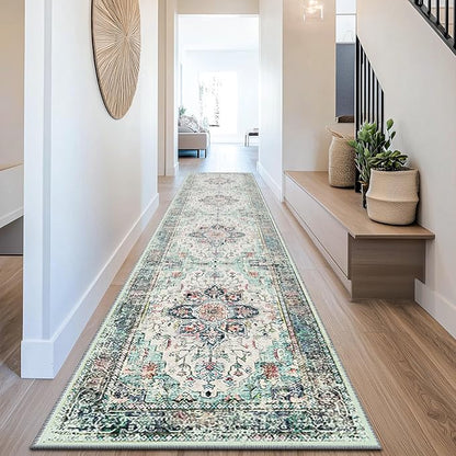 BESTSWEETIE 2x10 Area Rug Washable Rugs for Living Room, No Pile Boho Carpet for Entryway Bedroom Dinning Room, Vintage Carpet Print Distressed Non-Slip, 2 x 10 ft, Multi Navy Teal