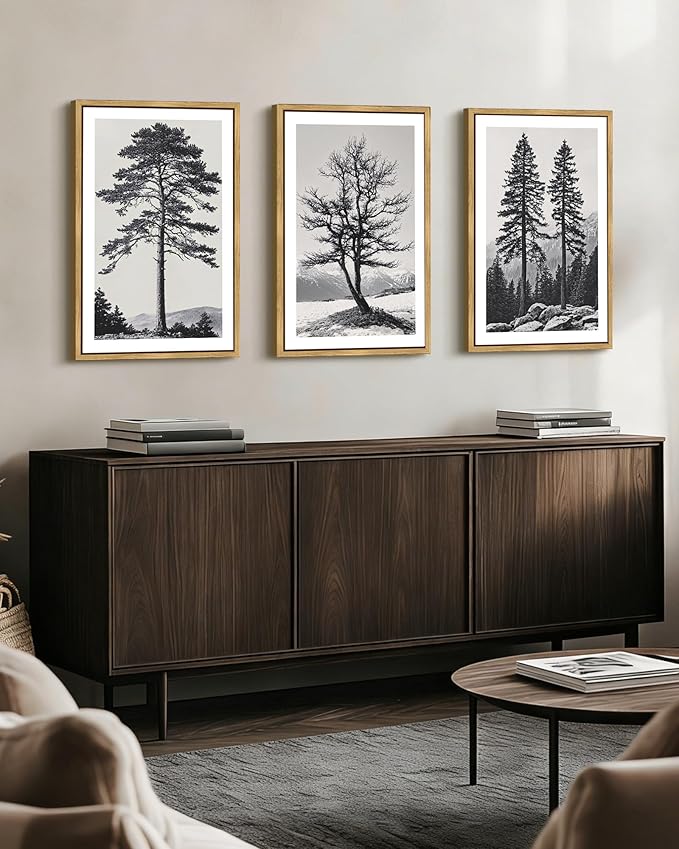 Drsoum Vintage Black Gray Tree Wall Art Framed Antique Retro Forest Prints Modern Rustic Artwork Bedroom Farmhouse Ready to Hang 16x24in Natural Framed