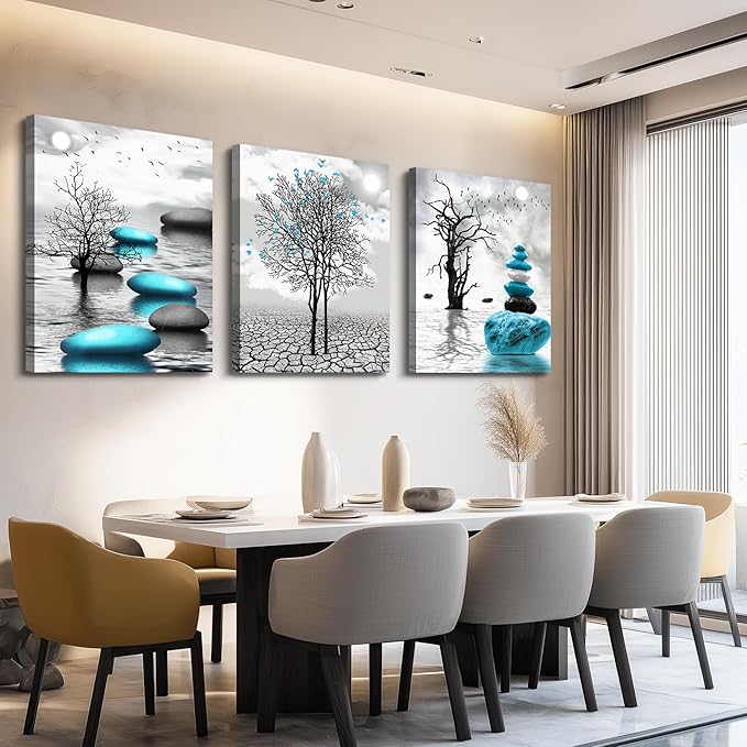 Canvas Wall Art for Living Room Wall Decor for Bedroom Bathroom Black and White Paintings Modern 3 Piece Framed Canvas Art Prints Ready to Hang Inspirational Abstract Blue Pictures Home Decorations