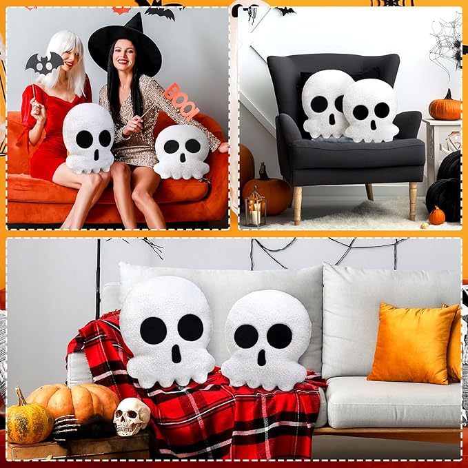 Wonderjune 2 Pcs Skull Skeleton Pillows Decorative Skull Throw Pillows for Sofa Bed Couch Stuffed Gothic Party Outdoor Home Decorations Christmas Halloween Skeleton Decor Cushion (14 Inch and 12 Inch)