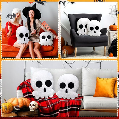 Wonderjune 2 Pcs Skull Skeleton Pillows Decorative Skull Throw Pillows for Sofa Bed Couch Stuffed Gothic Party Outdoor Home Decorations Christmas Halloween Skeleton Decor Cushion (14 Inch and 12 Inch)