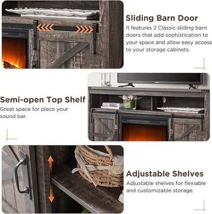 OKD Fireplace TV Stand for 65+ Inch TV, 33" Tall Highboy Farmhouse Entertainment Center w/ 23'' Electric Fireplace, Rustic Media Console w/Sliding Barn Door for Living Room, Dark Rustic Oak