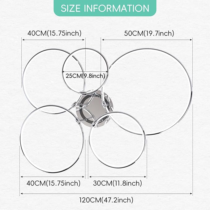 CANEOE Modern Ceiling Light Fixture,Chrome Dimmable Led Ceiling Light with Remote Control for Living Room,5 Rings Flush Mount Ceiling Lamp for Living Room Bedroom Kitchen Lighting Fixtures Ceiling