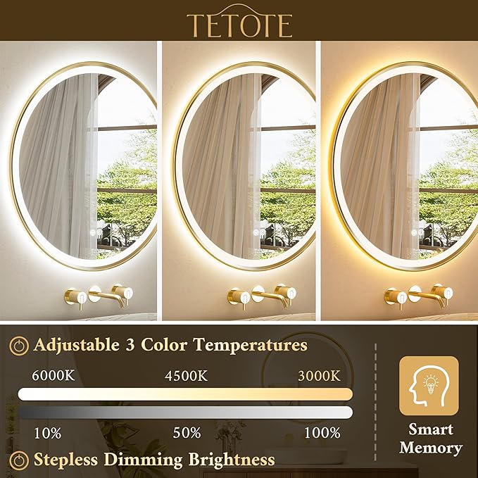 TETOTE Gold Led Round Mirror with Lights 36 Inch Metal Framed Round Circle Lighted Bathroom Vanity Mirror Wall Mounted, Front and Backlit 3 Color Stepless Dimmable Anti Fog, Shatterproof, CRI 90+