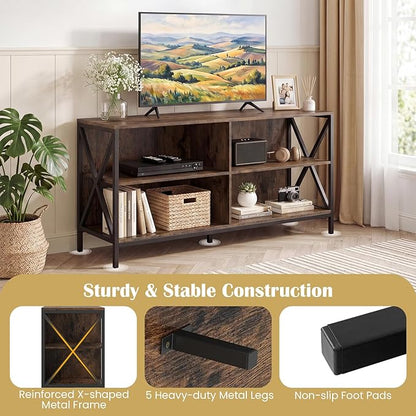 Tangkula TV Stand for TVs up to 55 Inches, 47" Farmhouse Entertainment Center with 4 Open Shelves & Built-in Cable Holes, TV Console Table with X-Shaped Frame for Living Room (Rustic Brown)