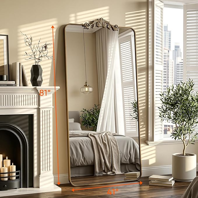 Antok Arched Full Length Mirror, 81"x41" Floor Mirror with Carved, Full Body Mirrors for HomeDecor, Standing/Halling Large Wall Mirror for Bedroom, Living Room, Cloakroom, Bronze, Ornate Style