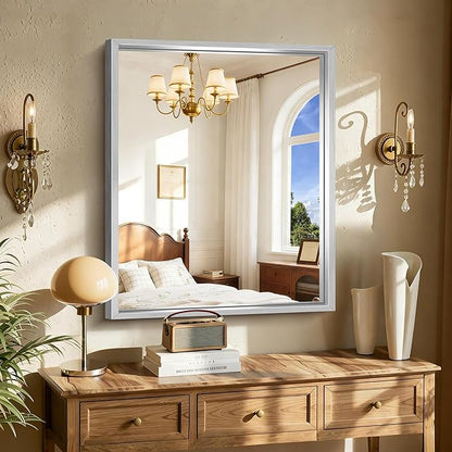 CIRCUMI 30"x36" Brushed Silver Mirror with Chunky Box Metal Frame, Bathroom Mirror for Vanity Remodel & New Home, Living Room, Entryway, Rectangular Wall Mirror, Tempered Glass, Vertical or Horizontal