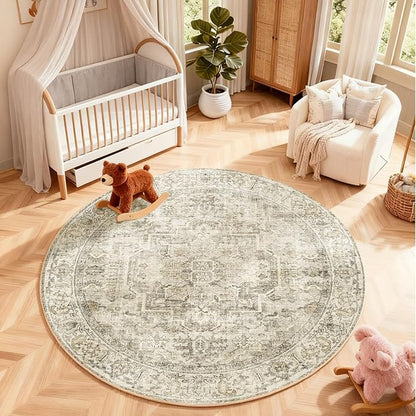 4x4 Round Bedroom Rug Washable: Living Room Rug Stain Resistant Non Slip Low Pile Soft Small Area Rug for Bedroom Entryway Kitchen Living Room Bedside Office Dorm Kids Room Entrance