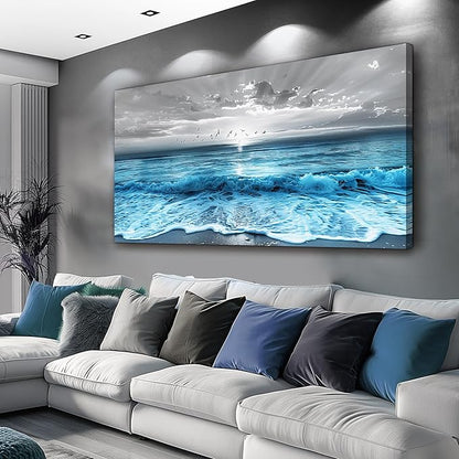ERQINHUA Wall Decor For Living Room Canvas Wall Art For Bedroom Office Decorations Blue Sea Wave Ocean Paintings Beach Wall Pictures Canvas Artworks Modern Home Decor Mural Ready To Hang 20"X40"