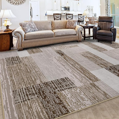 FlyDOIT Modern Geometric Patchwork Area Rug, 8x10 Beige Large Rugs for Living Room, Rockwood Collection Indoor Rugs for Bedroom, Throw Carpet Floor Decor for Entryway Dining Room Office Nursery