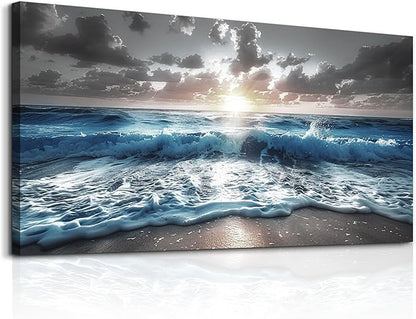 hyidecorart Canvas Wall Decor For Office Large Wall Art For Living Room Blue Beach Painting Sea Waves Sunshine Wall Pictures Bedroom Home Decorations Prints Posters Mural Artwork Ready To Hang