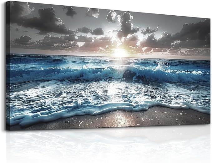 hyidecorart Blue Sea Waves Wall Pictures Framed Wall Art For Living Room Canvas Wall Decor For Office Sunshine Beach Painting Bedroom Home Decorations Prints Posters Mural Artwork Ready To Hang