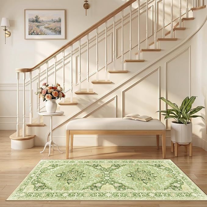 RELEANY Area Rugs 2'6"x5' Runner Rug Non Slip Washable for Kitchen Hallway Bedroom Beside Laundry Room Bathroom Rug, Floor Carpet, Sage Green Yellow
