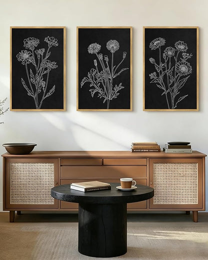 Drsoum Black White Flower Wall Art Vintage Minimalist Floral Wall Hanging Decor Bohemain Botanical Prints Artwork for Bedroom Living Room Hallway 24x36in Natural Framed