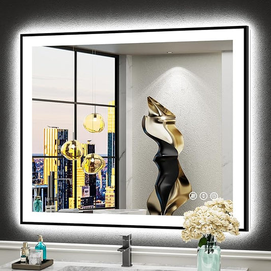 30x36 Black Framed LED Bathroom Mirror with Lights, Backlit and Front Lit Anti-Fog Lighted Vanity Mirrors for Bathroom Wall, Dimmable, 3 Colors, Memory, HD Tempered Glass, Horizontal/Vertical