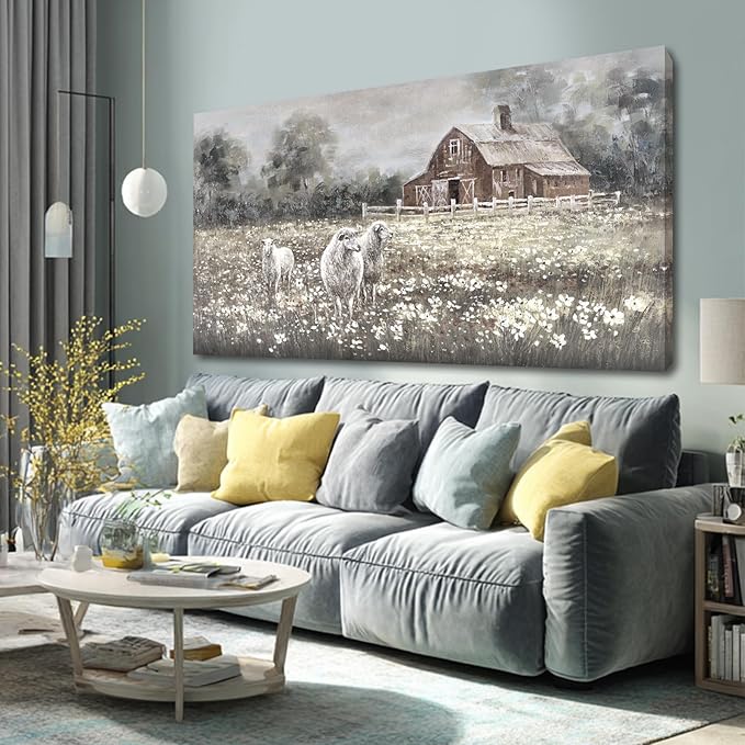 ZENPEE Sheep & Wildflower Farmhouse Wall Decor, Vintage Country Animal Landscape Canvas Print for Living Room, Bedroom & Dining, 29 x 58 Inches, Ready to Hang