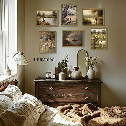 Vintage Countryside Wall Art Set of 6, Unframed Canvas Prints Rustic Farmhouse Nature Landscape Posters, Retro Children and Animal Painting Pictures for Living Room Bedroom Home Decor 8x10 Inch