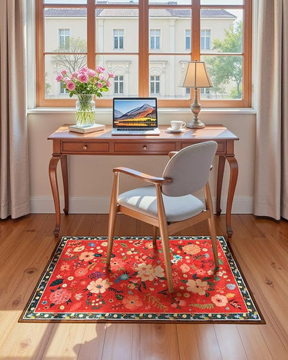 Macgace 2x3 Small Floral Rug for Entryway, Flowers Printed Washable Rugs with Non Slip Backing for Girls Bedroom Kitchen, Cute Throw Carpet Front Door Entry Decor, Christmas Red