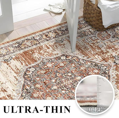 YOUFORTONG Area Rug 3x5 for Living Room: Soft Ultra Thin Low Pile Mat Machine Washable Indoor Doormat Lightweight Entry Rug Anti Slip Backing Rugs for Bedroom Kitchen 3'x5' Brick
