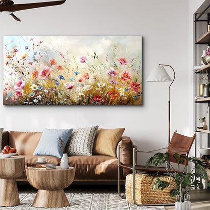 crmotu Large Wall Art for Living Room, Flower Market Botanical Prints, Floral Nature Decor Canvas Pictures, Meadow Wildflower Rustic Home Decorations, Modern Bedroom Farmhouse Wall Decor 29"X57"