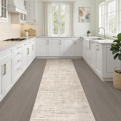 Runner Rug Non-Slip Kitchen Rug: 3x8 Washable Abstract Modern Soft Stain Resistant Indoor Floor Neutral Accent Throw Carpet for Hallway Bathroom Laundry Room Bedroom Entryway- Beige
