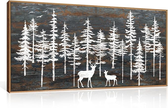 Modern White Forest Framed Canvas Wall Art Set, Minimalist Woodland Art Painting, Retro Tree Landscape Wall Decor, Wildland Deer Artwork for Living Room, Dining Room, Office-20 x40