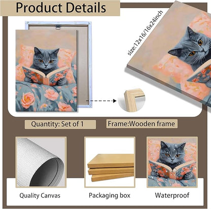 Framed Cat Reading Book Canvas Wall Art, Cute Gray Kitten Painting Print, Funny Animal Lovers Picture Wall Decor for Bedroom Living Room Kids Room Girls Room Home Decor 12x16 Inch