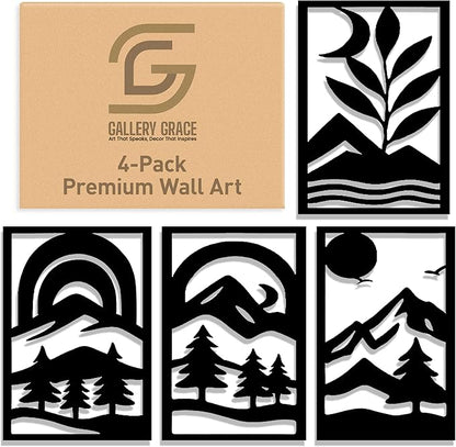 GALLERY GRACE Metal Wall Art Decor – 11" x 16" Set of 4 Abstract Landscape Panels for Living Room, Office, or Bedroom – Minimalist Single Line Black Wall Art with Mountains, Trees, and Sunrise