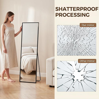 Antok 56''x15'' Full Length Mirror, Shatterproof HD Oversized Floor Mirror with Stand, Aluminum Alloy Frame Leaning Standing or Wall Mounted Mirror for Bedroom Living Room Entryway, Black