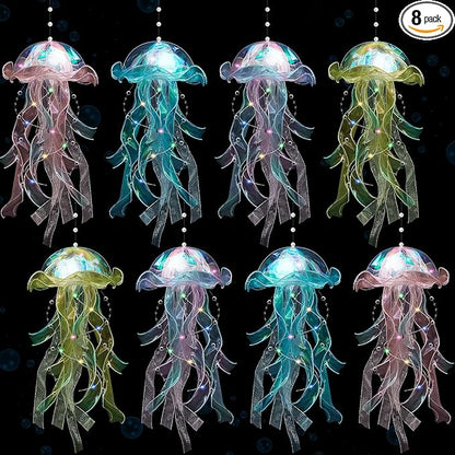 Rossesay 8 Pcs Colorful Jelly Fish Light Lamp Hanging Jellyfish Decorations LED Jellyfish Lantern for Birthday Under Sea Mermaid Wedding Baby Shower Ocean Theme Ceiling Bedroom Decor