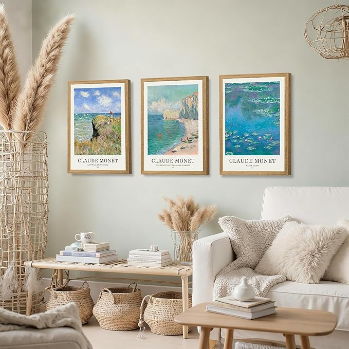 JLTULT 3 Piece Framed Vintage Claude Monet Canvas Wall Art, Impressionism Landscape Wall Decor, The Cliff Walk at Pourville Water Lilies Prints for Living Room Bedroom Office 16x24 in Easy to Hang