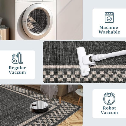 4ft Washable Round Rug for Entryway Modern Checkered Bedroom Circle Rug Non Slip Soft Dining Room Round Throw Carpet Small Stain Resistant Border Round Rugs for Living Room Kitchen Bathroom, Black