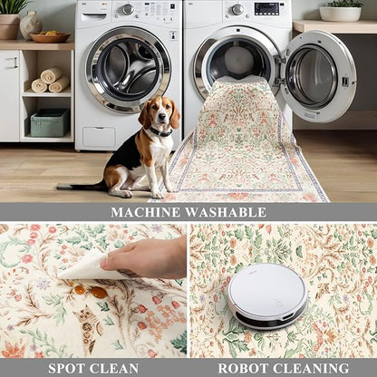 Botanical Beige 3x5 Area Rug - Non-Slip Washable Soft Low-Pile Small Area Rugs for Kitchen Bedroom Entryway Kid Room – Vintage Florals Door mat Indoor (Cream, 3x5)