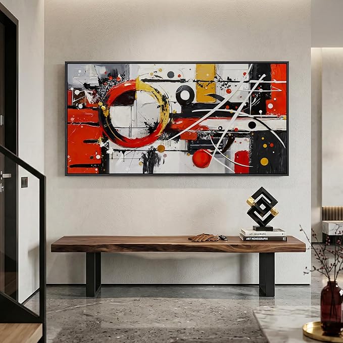 Extra Large Framed Red Black White Gold Abstract Wall Art for Living Room, Oversized Modern Horizontal Canvas Prints, Red and Black Geometric Abstract Pictures for Bedroom Hallway Wall Decor 30x60 In
