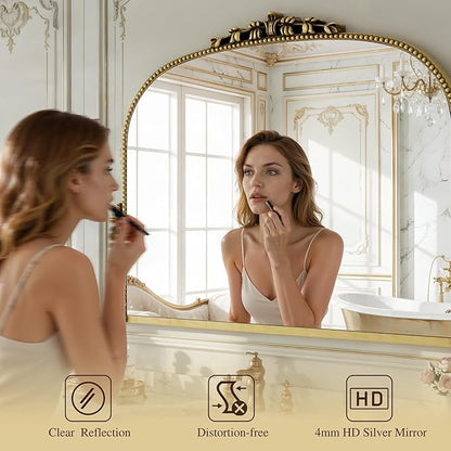 26x38 inch Vintage Arched Gold Ornate Baroque Mirror - Wall Vanity Mirror with Beautiful Retro Top and Bottom Engraving Process Frame for Bathroom, Living Room, Fireplace, Entryway, HD Tempered Glass