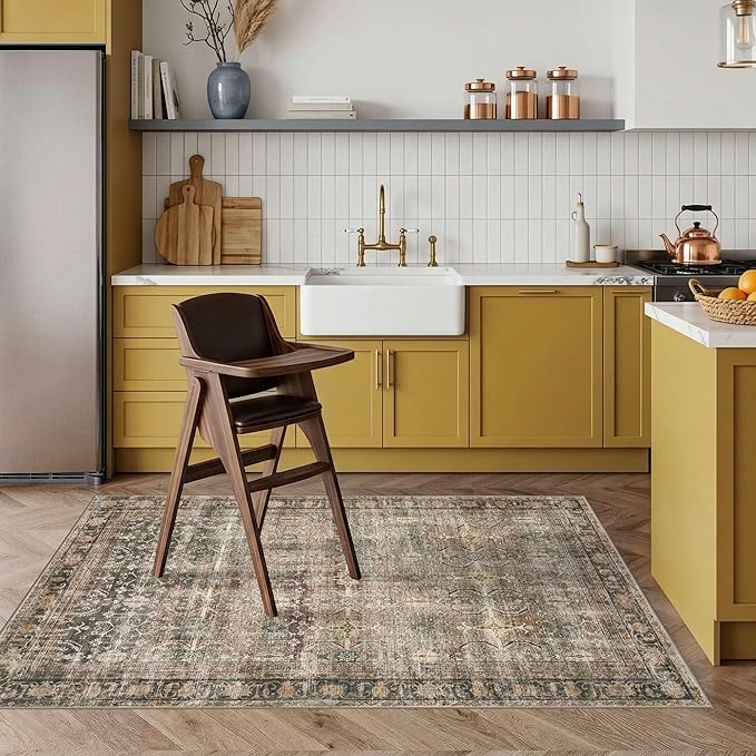 Rugxara 3x5 Rug for Entryway Bedroom, Brown 3x5 Washable Area Rug, Vintage Retro Boho Throw Rug, Non Slip & Low Pile Small Carpet for Indoor Entry, Kitchen, Bedside, Living Room, Bathroom and Dining