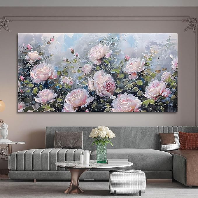 Enartly Pink Flower Wall Art Large Living Room Bedroom Wall Decor Rose Canvas Painting Floral Picture Bloosom Textured Green Modern Artwork Framed for Bathroom Kitchen Home Office Decoration, 40"x20"