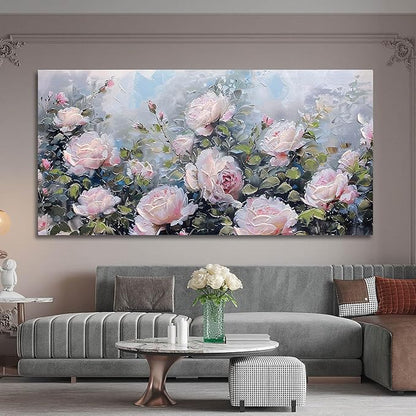 Enartly Pink Flower Wall Art Large Living Room Bedroom Wall Decor Rose Canvas Painting Floral Picture Bloosom Textured Green Modern Artwork Framed for Bathroom Kitchen Home Office Decoration, 40"x20"