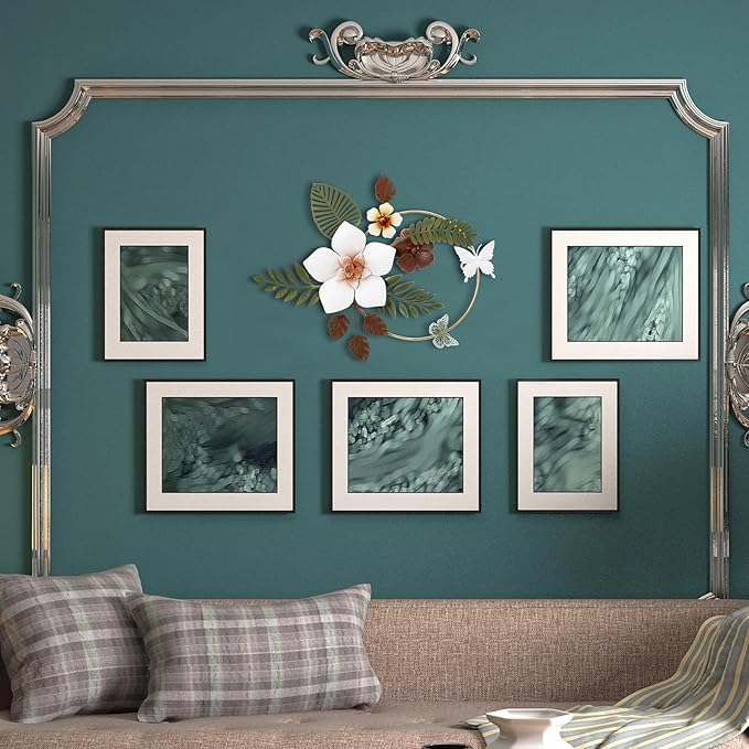 3D Metal Flower Wall Decor - 13.78'' Gold Circle Floral Wall Art with Green Tropical Leaves and Butterflies, Modern Boho Rustic Hanging Sculpture for Living Room Bedroom Bathroom Entryway Kitchen