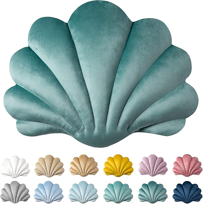 Ashler 3D Throw Pillows Shell Shaped Accent Throw Pillow, Soft Velvet Insert Included Cushion for Couch Bed Living Room, Pack of 1, Lake Blue, 14 X 11 inches