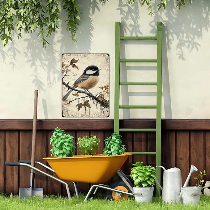 Chickadee Bird Metal Tin Sign Rustic Wall Decor Vintage Wildlife Art Nature Theme Cottagecore Home Decor Quote 12x16inch