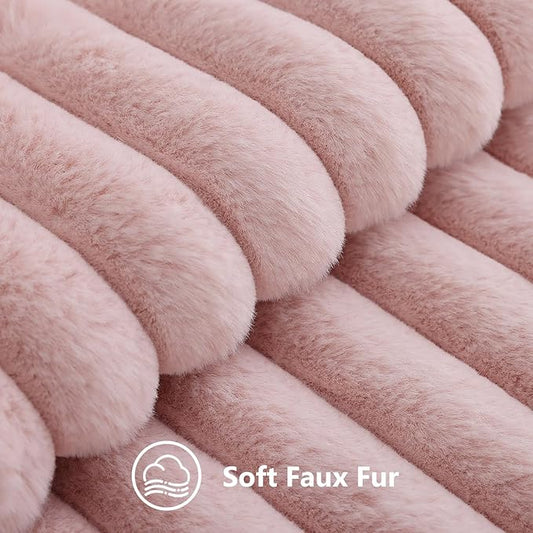 decorUhome Summer Cozy Faux Fur Throw Pillow Covers 24x24 Set of 2 Decorative Soft Plush Striped Modern Farmhouse Boho Couch Euro Sham Pillow Cases with Velvet Back for Sofa Bed Living Room, Pink