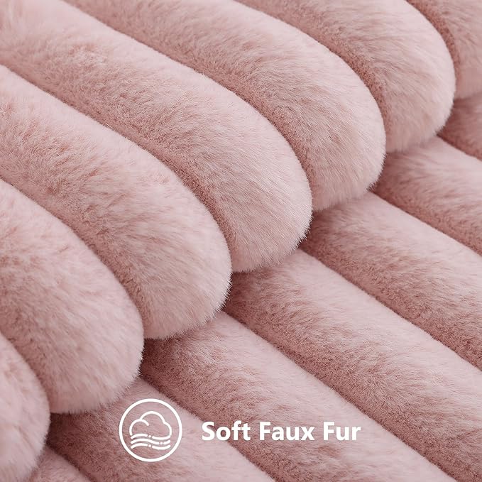 decorUhome Summer Cozy Faux Fur Throw Pillow Covers 26x26 Set of 2 Decorative Soft Plush Striped Modern Farmhouse Boho Couch Euro Sham Pillow Cases with Velvet Back for Sofa Bed Living Room, Pink