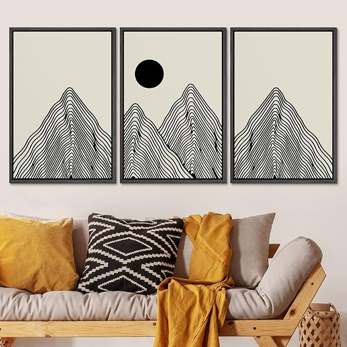 SIGNLEADER Framed Canvas Print Wall Art Set Geometric Mountain Range Sun Landscape Nature Wilderness Illustrations Modern Art Minimalism Decorative for Living Room, Bedroom, Office - 16"x24"x3 BLACK