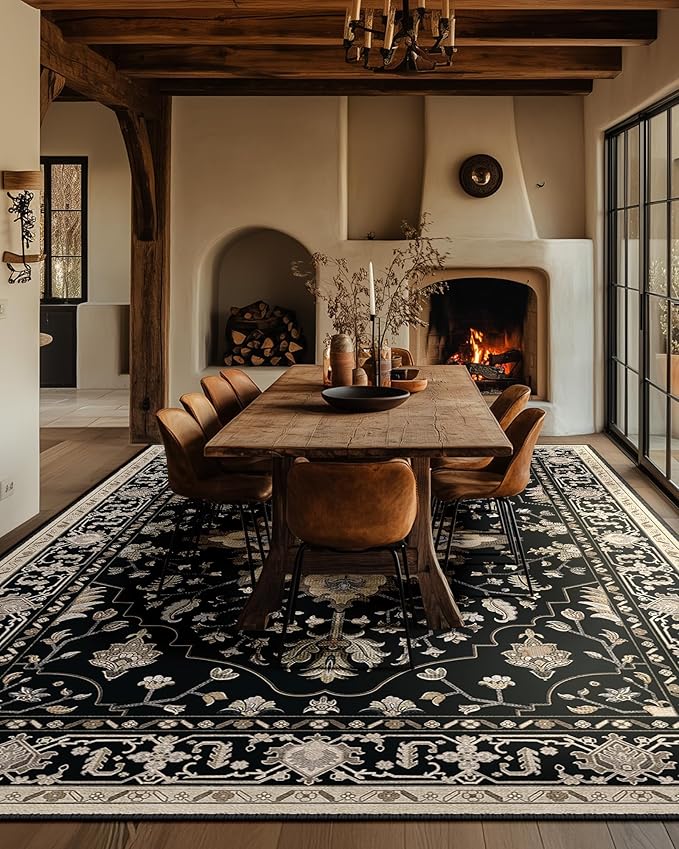 RELEANY Area Rugs 6'x9' Washable Non-Slip, Floral Vintage Distress Print Pattern Medallion Carpet for Living Room Bedroom Dining Room, Black Brown Neutral Dark Tan